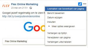 Vastgemaakt bericht losmaken op Facebookpagina Flex Online Marketing