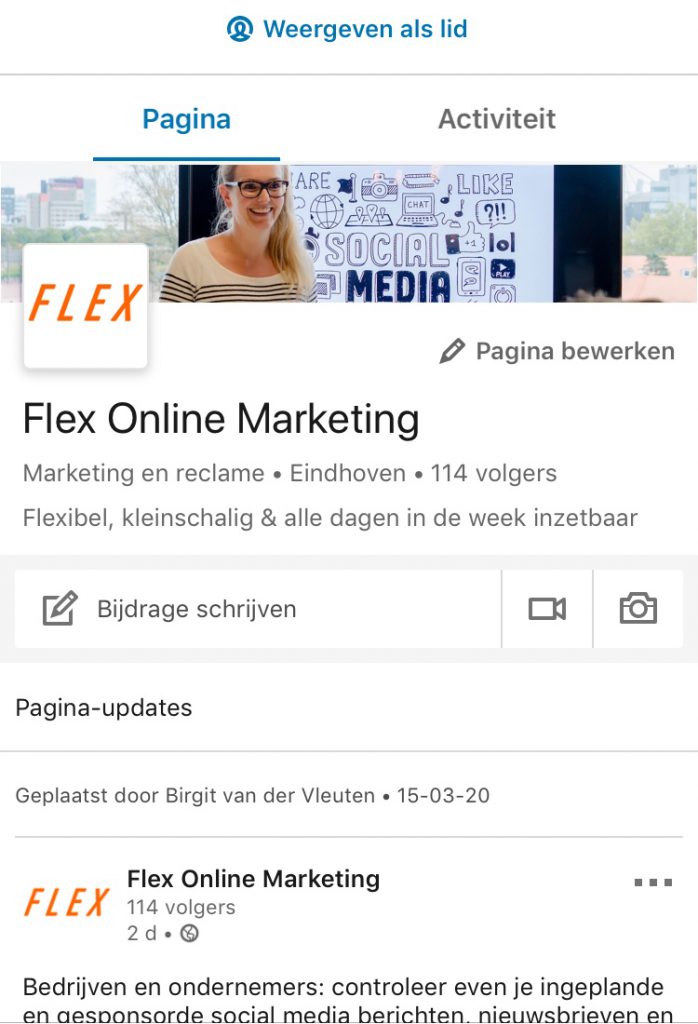 Weergeven als lid LinkedIn bedrijfspagina